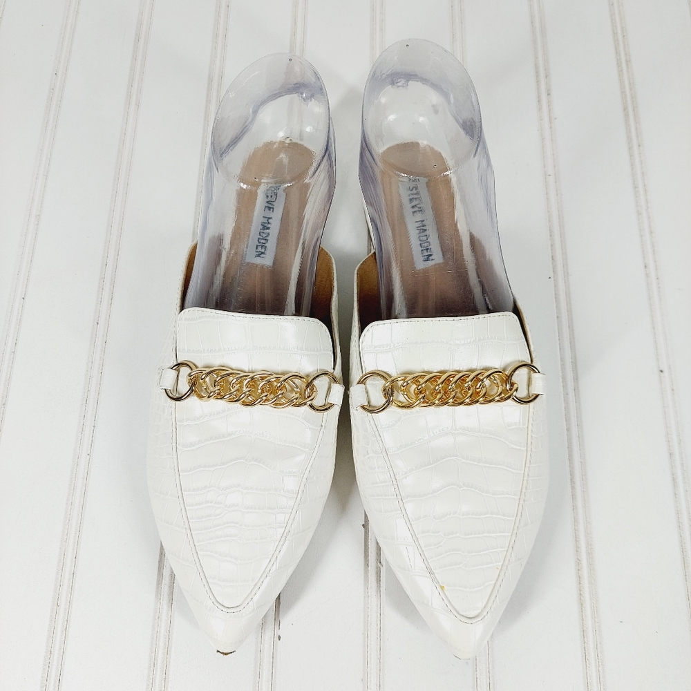 Steve Madden Forever  In Bone Croc Print Chain Pointed Toe Mules
